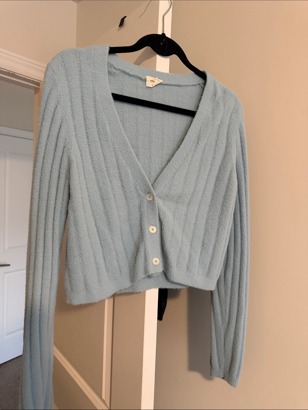 Wilfred Powder Blue Cropped V-Neck Ribbed Cardigan